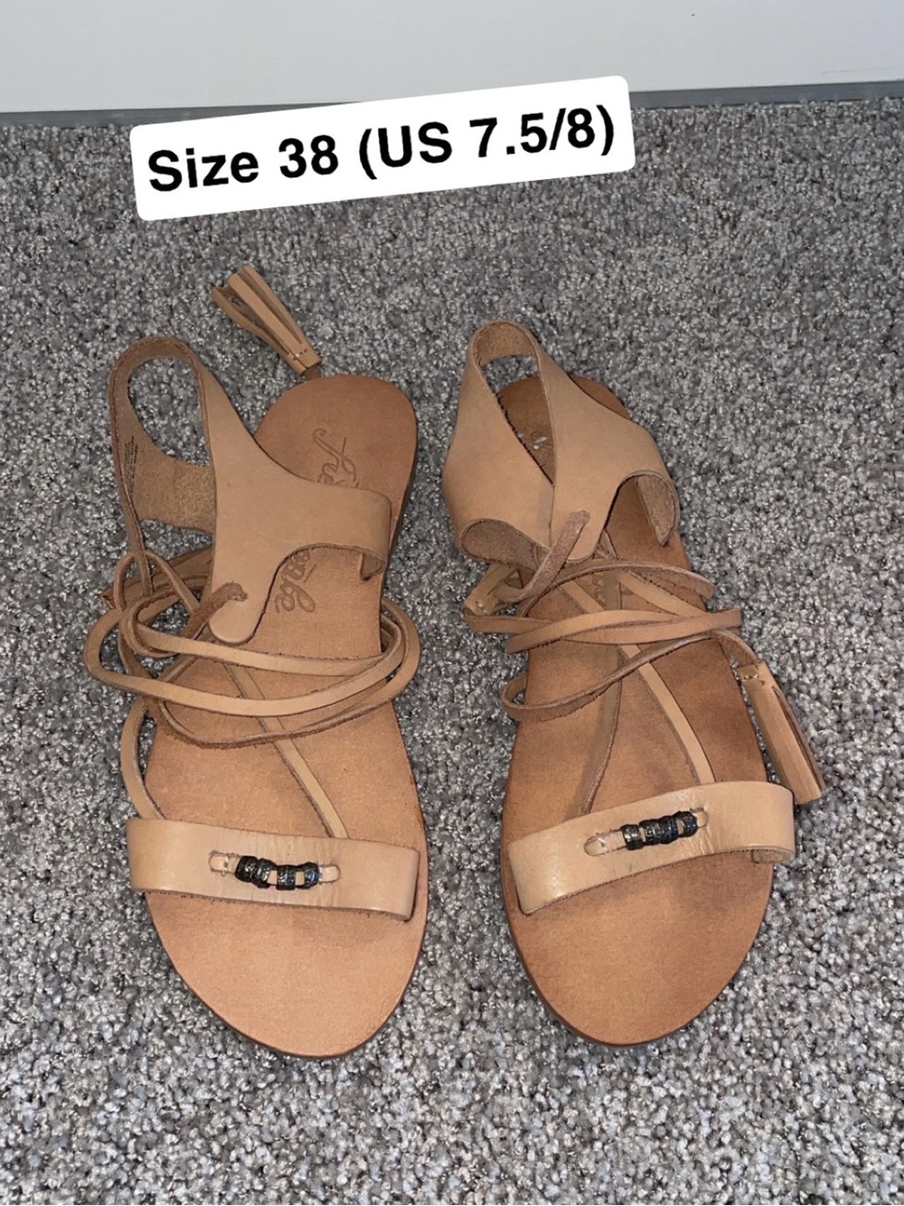 Free People Cognac Lace-Up Beaded Toe Sandals